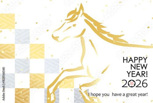 2026年　日本の年賀素材　市松模様に馬
