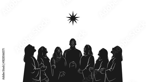 Choir singing under star, religious reverence, spiritual gathering, vector illustration