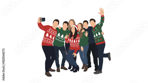 Festive fun group selfie with holiday sweaters spreading Christmas cheer, vector design