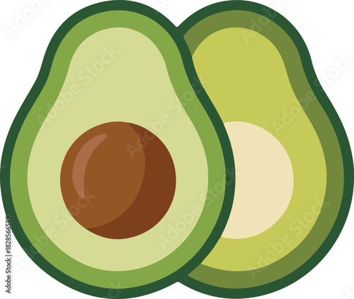Two avocado halves vector illustration depicting a fresh sliced fruit with and without a pit