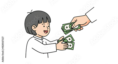 Child happily receiving money from adult hand, symbolizing allowance or reward.
