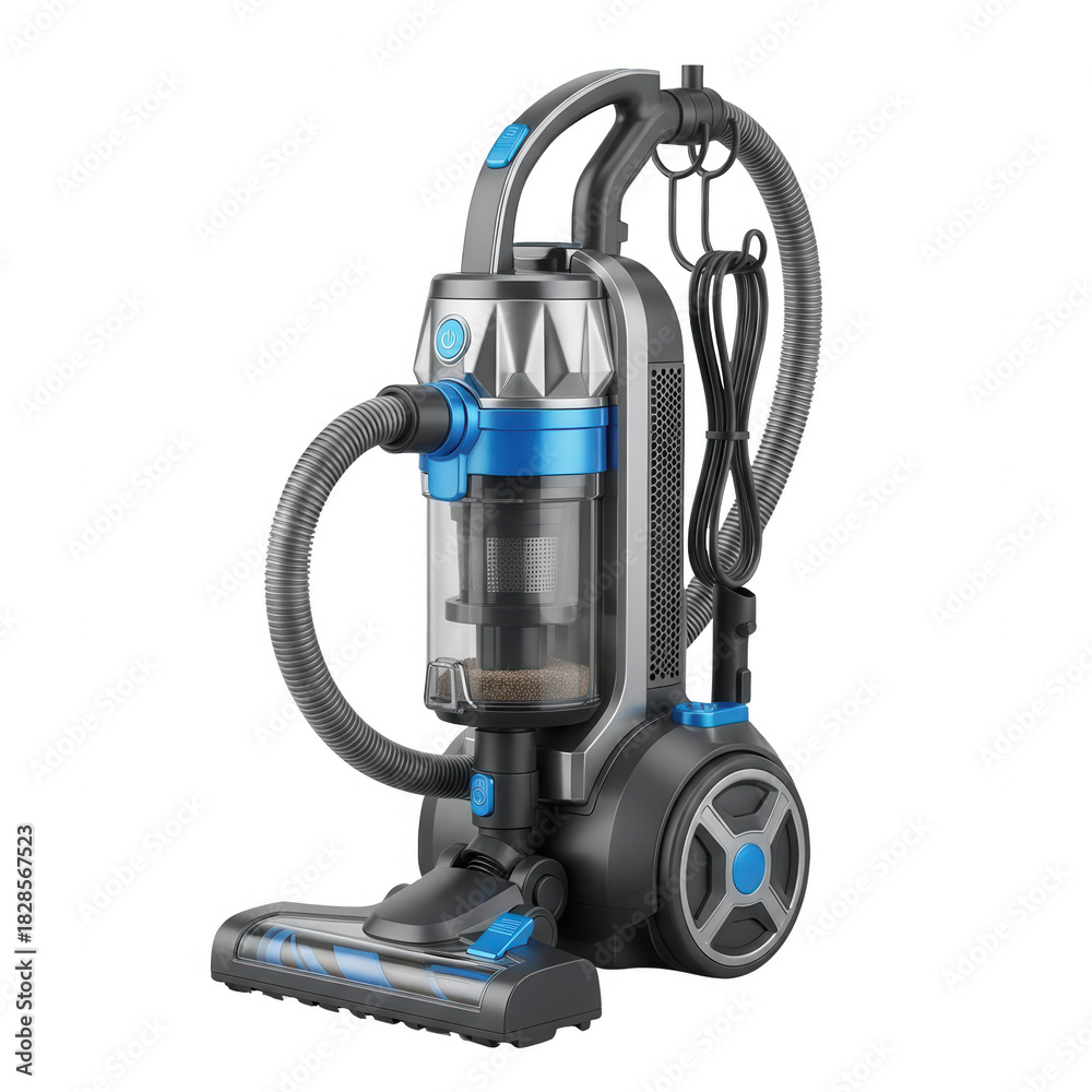 Fototapeta premium Modern cordless vacuum cleaner with blue accents and attachments isolated on transparent background