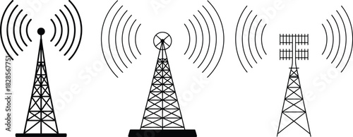 Black and white vector illustration of three different radio transmission towers with signal waves, wireless communication technology, broadcasting antenna icons