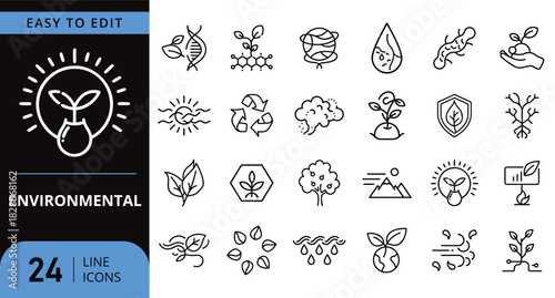 Environmental sustainability and nature ecology modern line icons set.