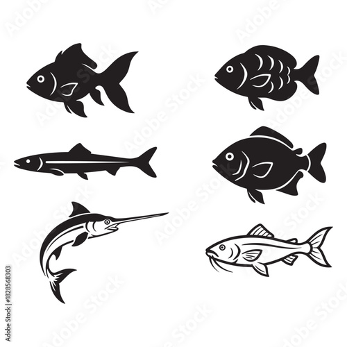 Collection of diverse fishs: goldfish, marlin, catfish designs