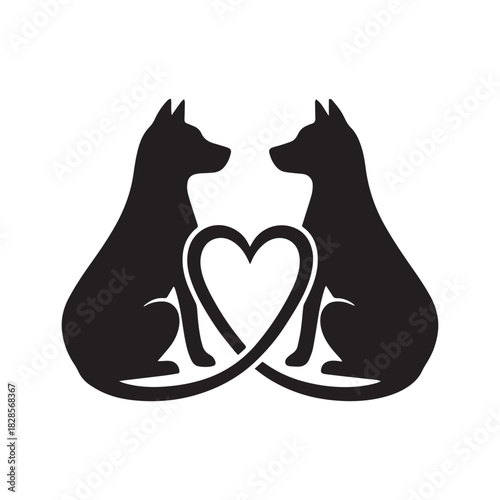 Two black dog silhouettes with intertwined heart symbol of love