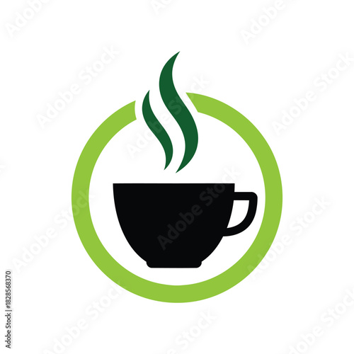 Steaming hot beverage cup logo with green circle and vapor icon.