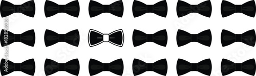 Black bow tie icon collection in minimal vector style, identical formal accessory set with one highlighted, fashion symbol for design, clothing decoration concept