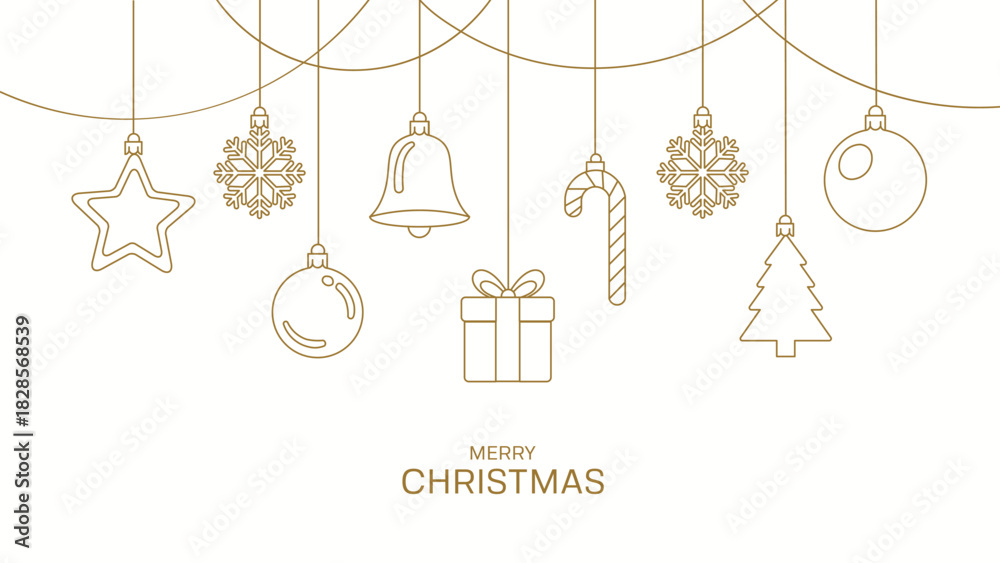 Fototapeta premium Luxury minimalist gold Christmas vector greeting card; Hanging snowflakes bell gift candy cane line art decoration template