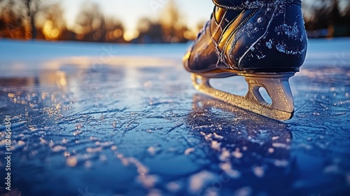 Close-up ice skate on frozen lake at sunset