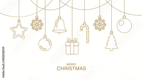 Luxury minimalist gold Christmas vector greeting card; Hanging snowflakes bell gift candy cane line art decoration template