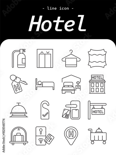 Hotel thin line icon set. Accommodation, room service, travel stay, reception, luggage, building, and hospitality outline icon collection.