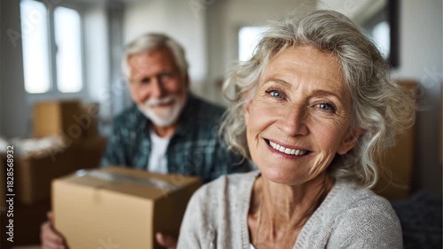Senior couple moving into new home together. Elderly pair unpacking boxes in apartment. Mature retirees relocating to different residence. Active citizens starting fresh chapter indoors.