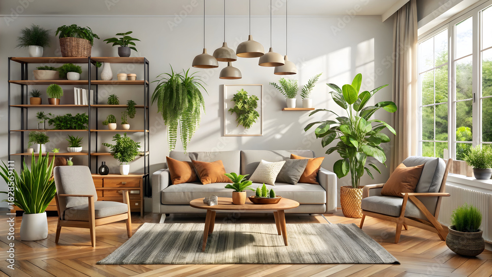 Obraz premium Serene living room with indoor plants bringing nature inside for a calming, modern home interior with natural light and cozy decor elements