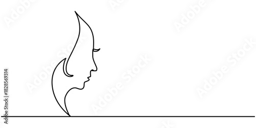 Woman face continuous one line drawing, minimalist style isolated outline illustration. 