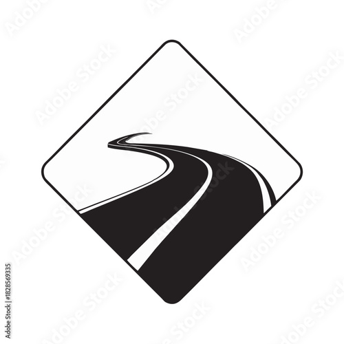Minimalist black and white icon of a winding road in a diamond frame, symbolizing a journey, path, and forward movement