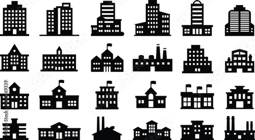 Black building icons, factory silhouettes, school symbols, urban infrastructure elements, real estate vector set, office blocks, architecture illustration, design