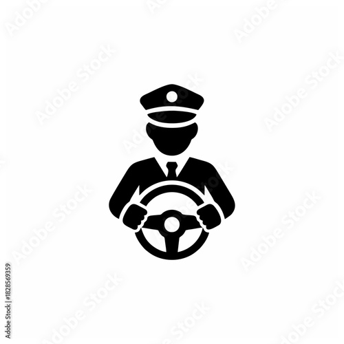 A simple black and white graphic icon of a chauffeur holding a steering wheel, representing transportation services and professional driving