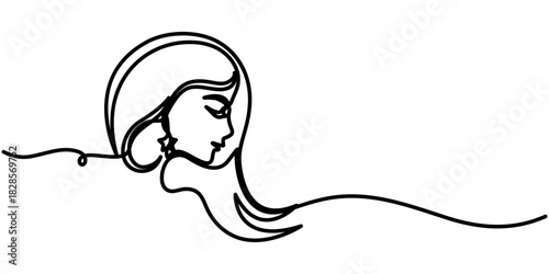 Woman face continuous one line drawing, minimalist style isolated outline illustration. 