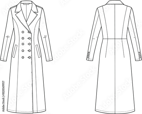 Women's technical fashion illustration of a maxi-length fitted double-breasted coat with princess seams, vector flat sketch for apparel design, front and back view