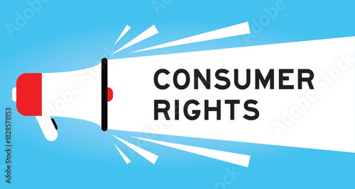 Color megaphone icon with word consumer rights in white banner on blue background