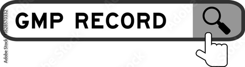 Search banner in word GMP (Abbreviation of good manufacturing practice) record with hand over magnifier icon on white background