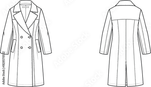 Women's technical fashion illustration of a fitted double-breasted coat with notched lapels and flap pockets, vector flat sketch for apparel design, front and back view