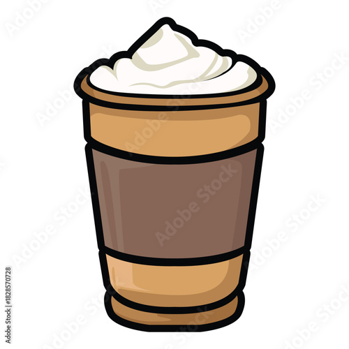A set of hand drawn coffee drink illustrations featuring various café beverages such as latte, cappuccino, mocha, matcha, frappe, and creamy dessert drinks. Each cup is illustrated in a cute cartoon