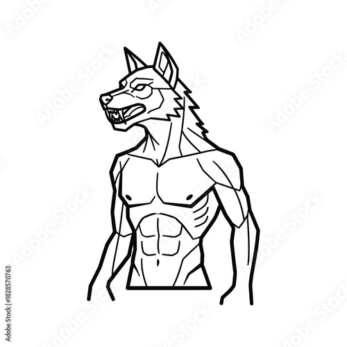 Muscular anthropomorphic wolf creature line art isolated on