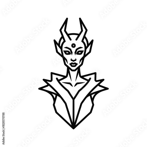 Stylized line art illustration of a fantasy demoness character with horns