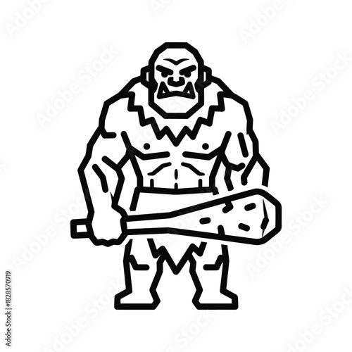 Ogre monster holding a club, black and white line art isolated on white
