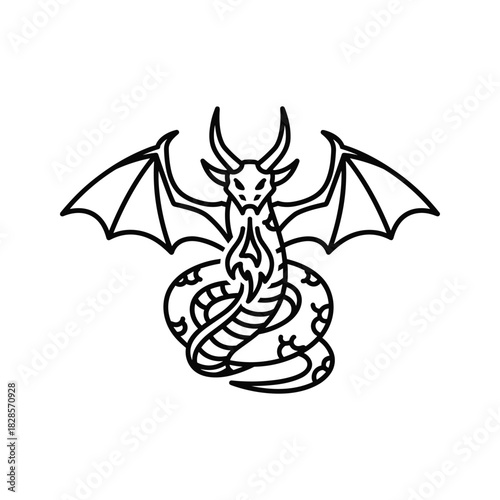 Mythical winged serpent dragon creature line art illustration