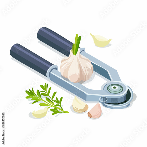 Isometric illustration of garlic press with garlic cloves and herbs