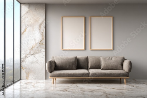 Modern living room with neutral sofa, marble accents and large window.
