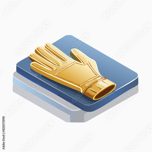 Isometric illustration of yellow oven mitt on blue base