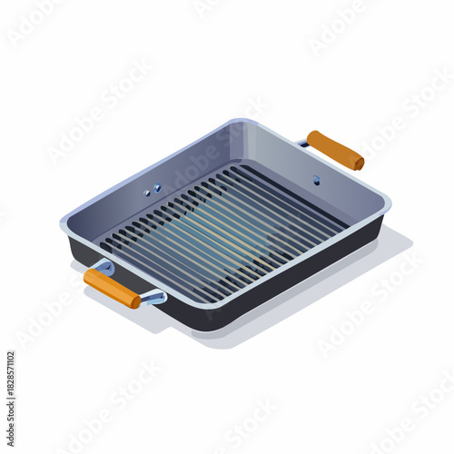 Isometric illustration of gray grill pan with wooden handle