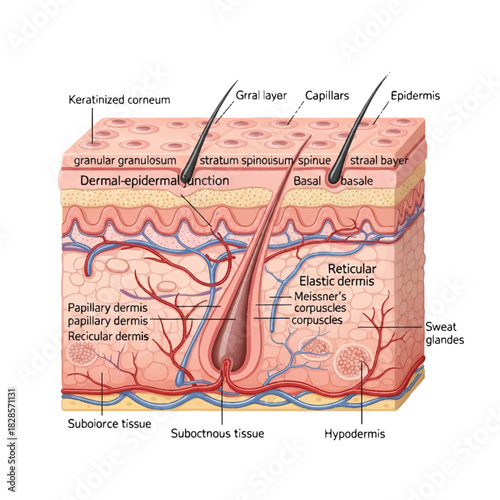 Detailed 2D flat vector illustration of a human skin cutaway section, clearly showing the keratinized layer, epidermis, and underlying connective tissues isolated on a bright white background.