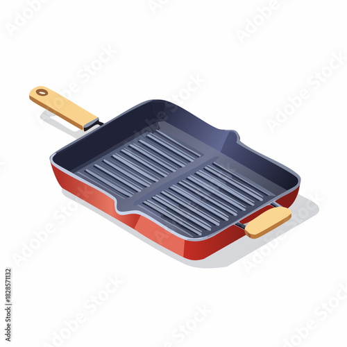 Isometric illustration of red grill pan with wooden handle