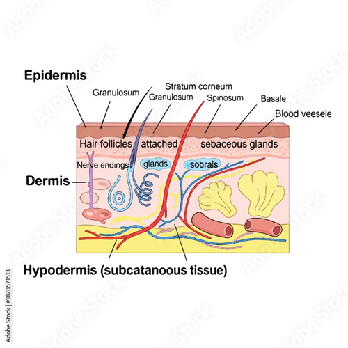 Human skin layers anatomy diagram, presented as a simplified flat 2D vector illustration detailing the epidermis, dermis, and hypodermis for biology and medical education on a white backdrop.