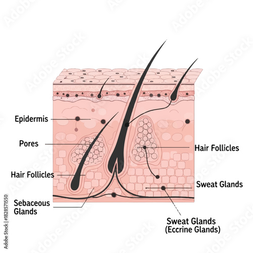 Simple flat 2D vector illustration of human skin anatomy, clearly showing the cross-section structure of pores, hair follicles, sebaceous glands, and sweat glands on a clean white background.