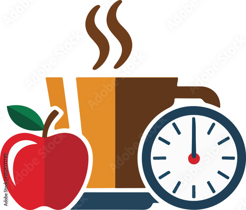 Vector graphic of a steaming brown cup a red apple and a clock face indicating a scheduled pause or break