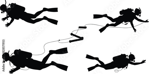 Scuba divers underwater silhouette collection with diving gear, fins, oxygen tanks, and safety rope, deep sea exploration vector illustration for marine adventure design