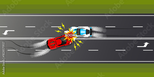 Road accident. Two cars crashed. Road safety concept. Vector illustration