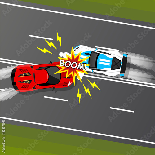 Road accident. Two cars crashed. Road safety concept. Vector illustration