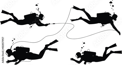 Scuba divers underwater silhouette set with diving gear, oxygen tanks, fins, and bubbles, deep sea exploration vector illustration for marine adventure design