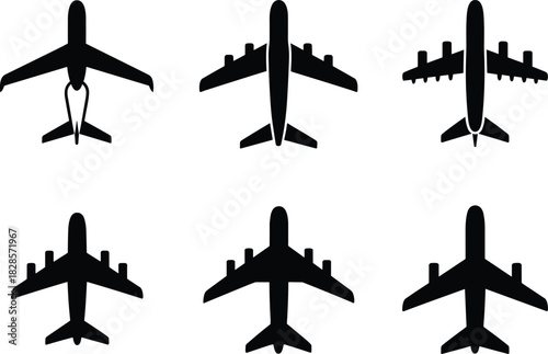Set of airplane silhouette icons top view vector illustration, commercial jet aircraft shapes, aviation design elements for travel and transportation concepts.