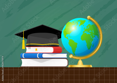 Global education Learning from books graduation cap vector