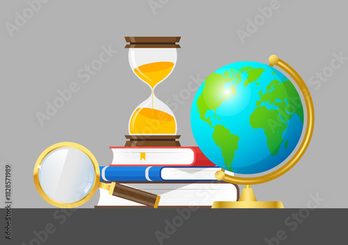 Hourglass on Books world globe map earth search with Magnifying Glass education concept