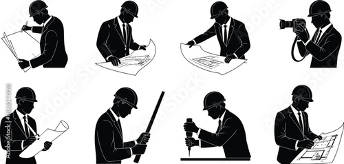 Set of architect and engineer silhouette icons vector illustration, construction professionals working with blueprints, tools, and building project plans.