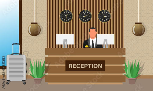 Hotel reception. Arriving guests at information, registration desk vector tourism concept